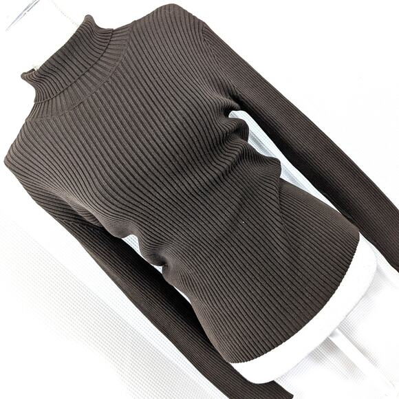 CHICO'S! SILK & COTTON! CHOCOLATE BROWN RIBBED TURTLENECK SWEATER! SZ S - Picture 1 of 8